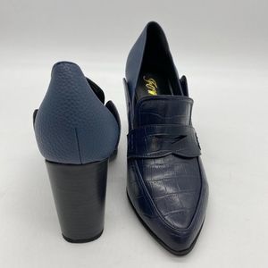 FWOT navy pointy toe leather chunky heels pumps office shoes